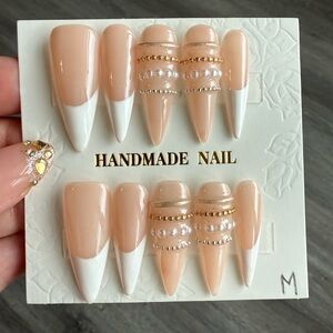 Handmade Nude Pink and White French Tip Press-On Nails with Pearl & Gold Accent